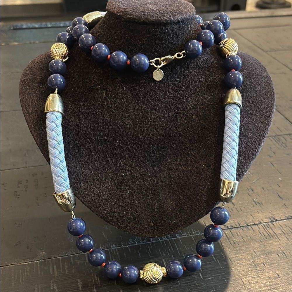 Talbots Chunky Blue Rope Beaded Gold Tone Long Boho Necklace​
